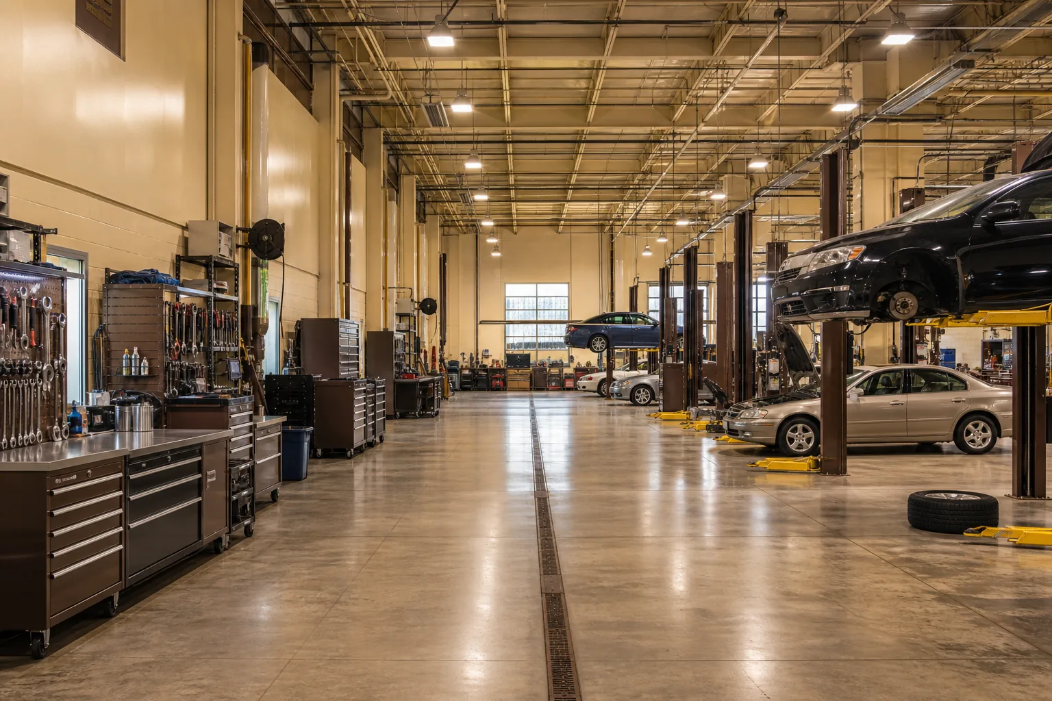 Wide view of organized auto repair shop floor with tool stations, 1920x1080