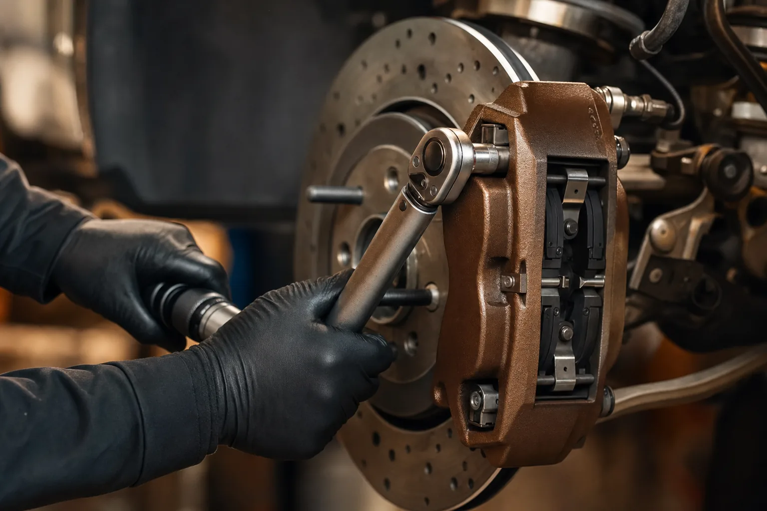 Close-up of torque wrench verification on brake assembly, 1200x800