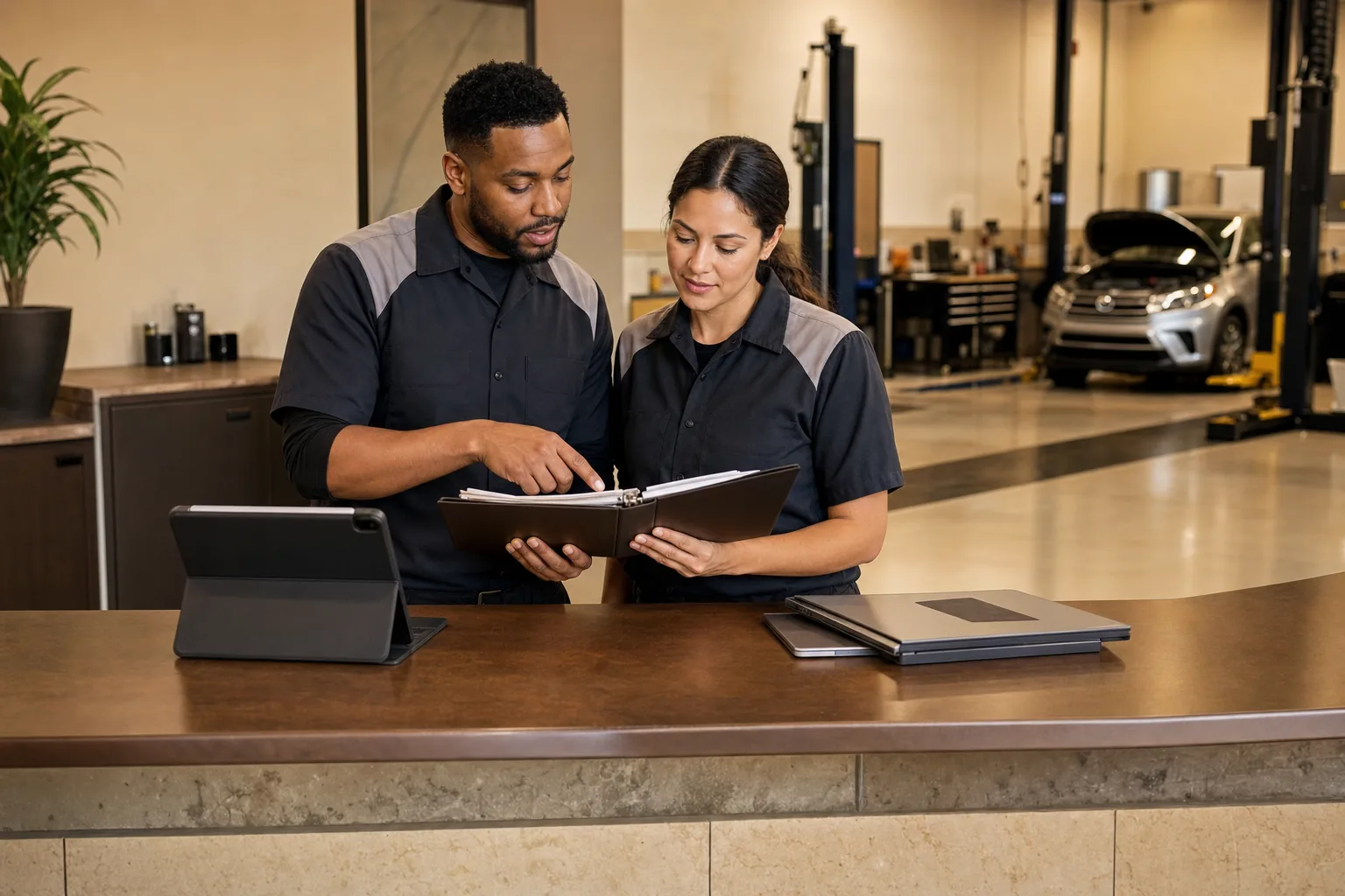 Technicians reviewing repair documentation at a clean service desk, 1200x800