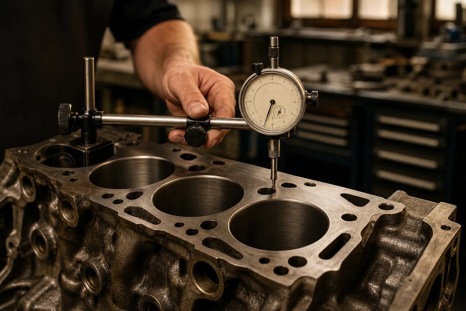 Cylinder block deck surface being measured with precision gauge, 1200x675