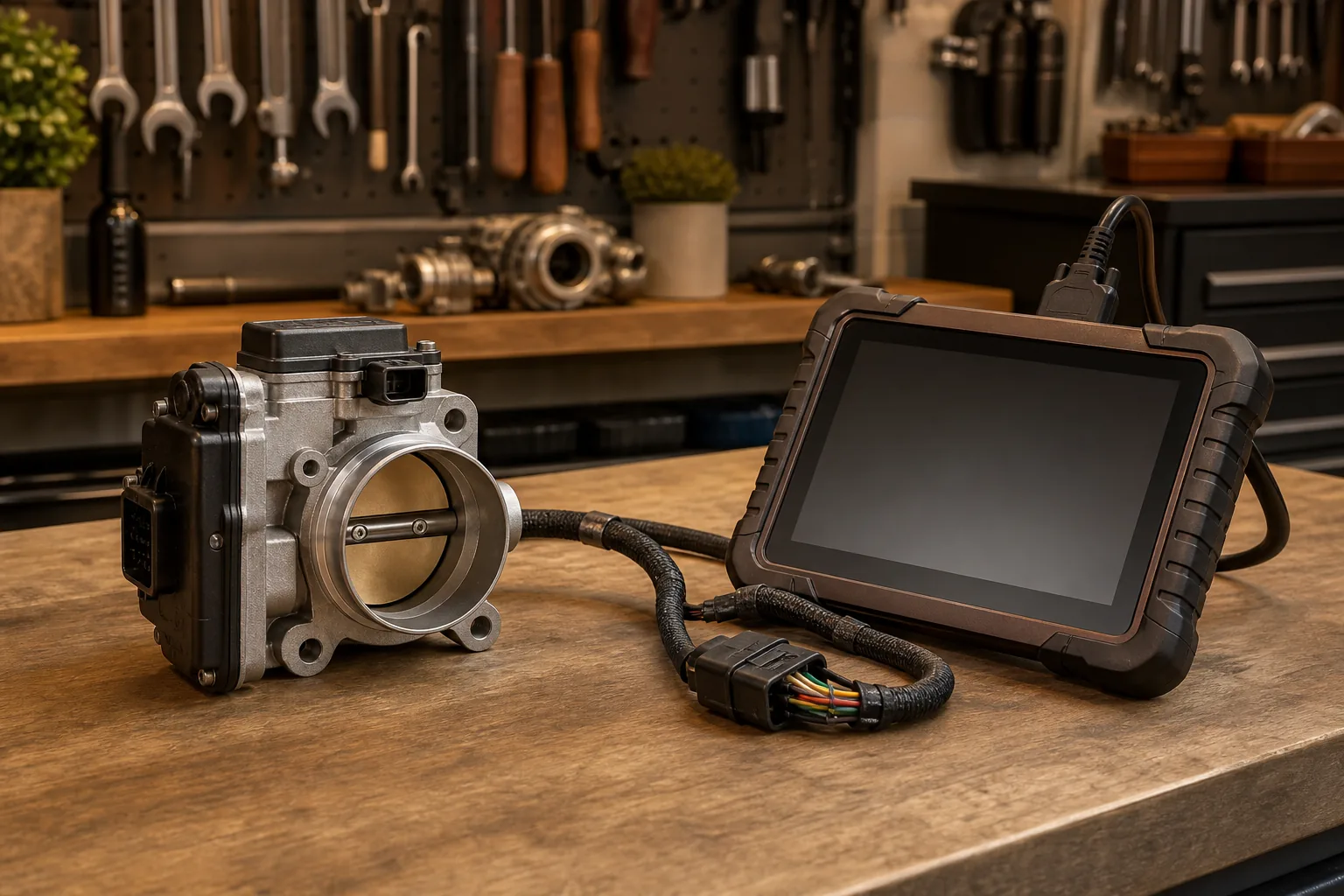 Electronic throttle body connected to diagnostic calibration tool, 1200x675