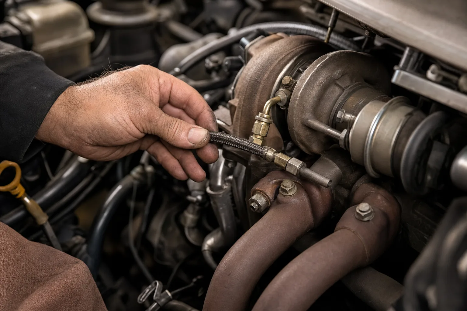 Turbocharger oil feed line inspection under engine bay lighting, 1200x675