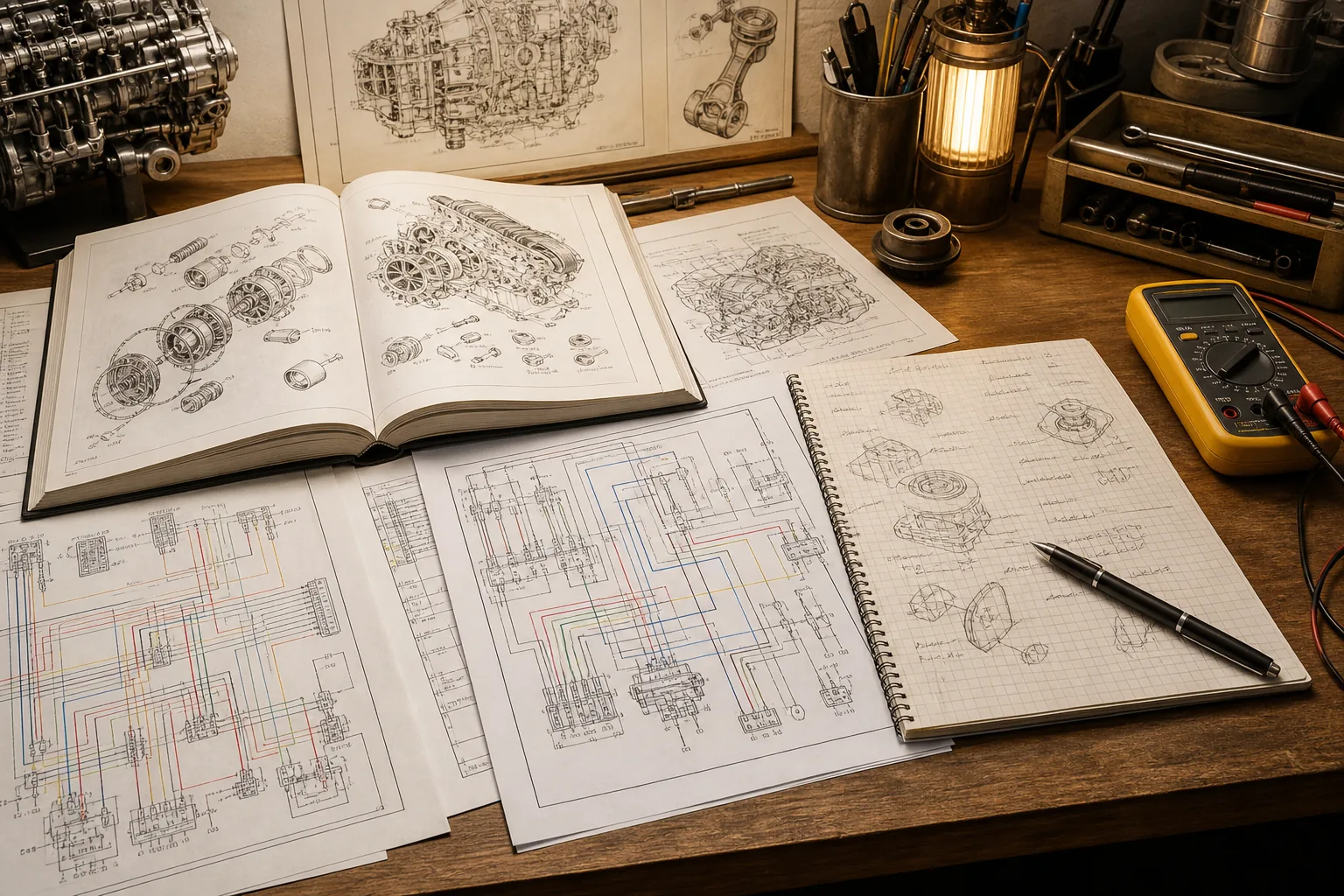 Technical manuals and diagnostic notes on a workshop desk, 1920x1080