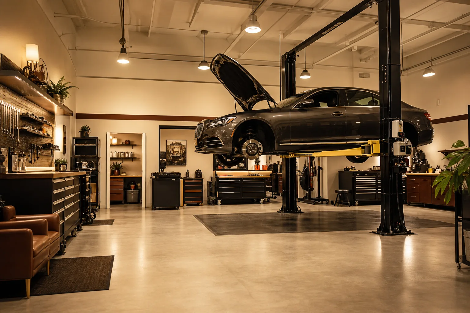 Clean organized auto repair workshop interior with warm lighting, 1920x1080