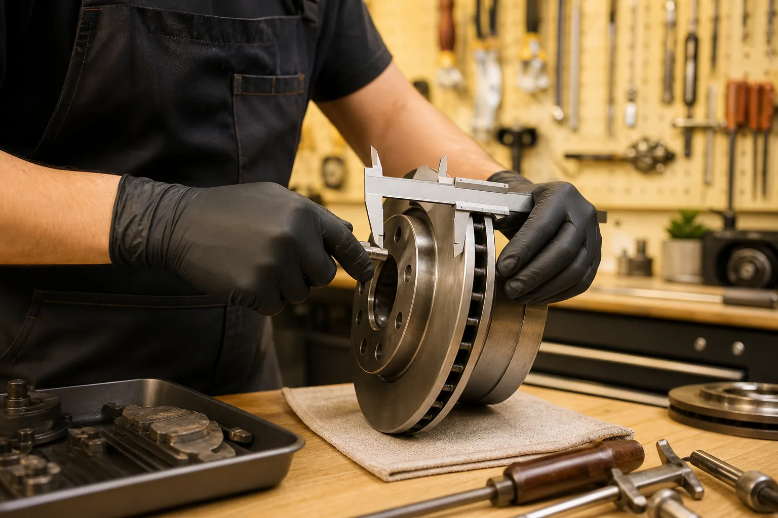 Technician measuring brake component on organized workbench, 1200x800